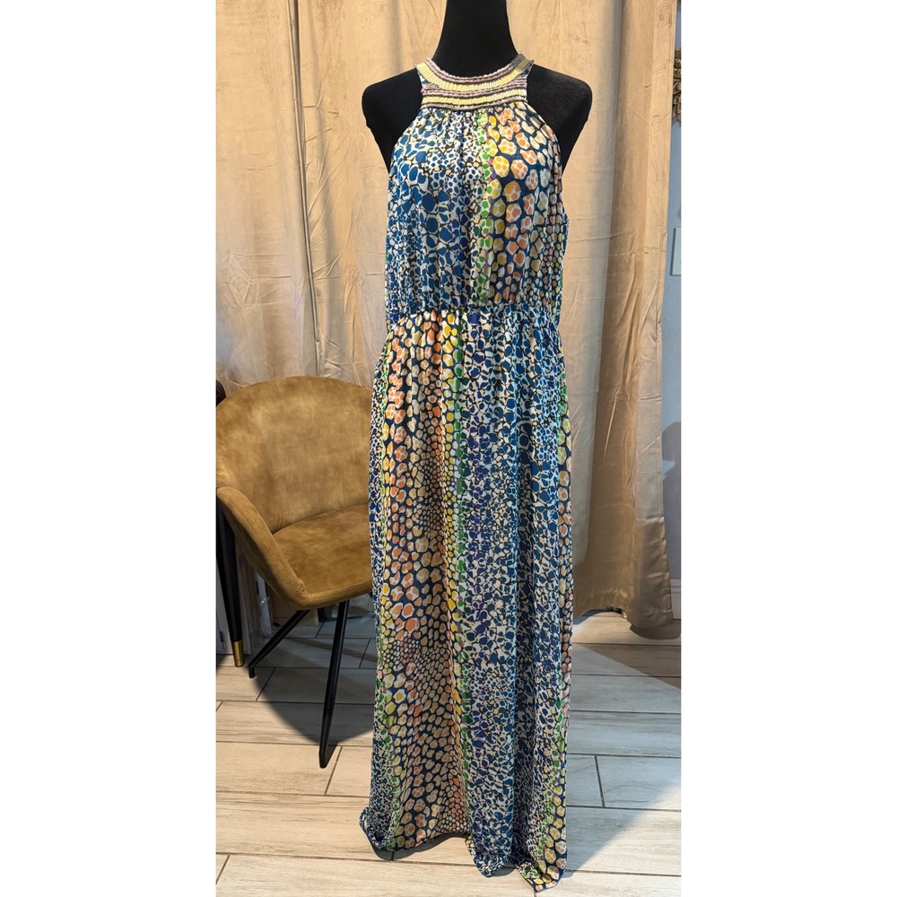 HD in Paris Anthropologie Beaded Halter Maxi Dress Multicolor Pebble Print Sz 8